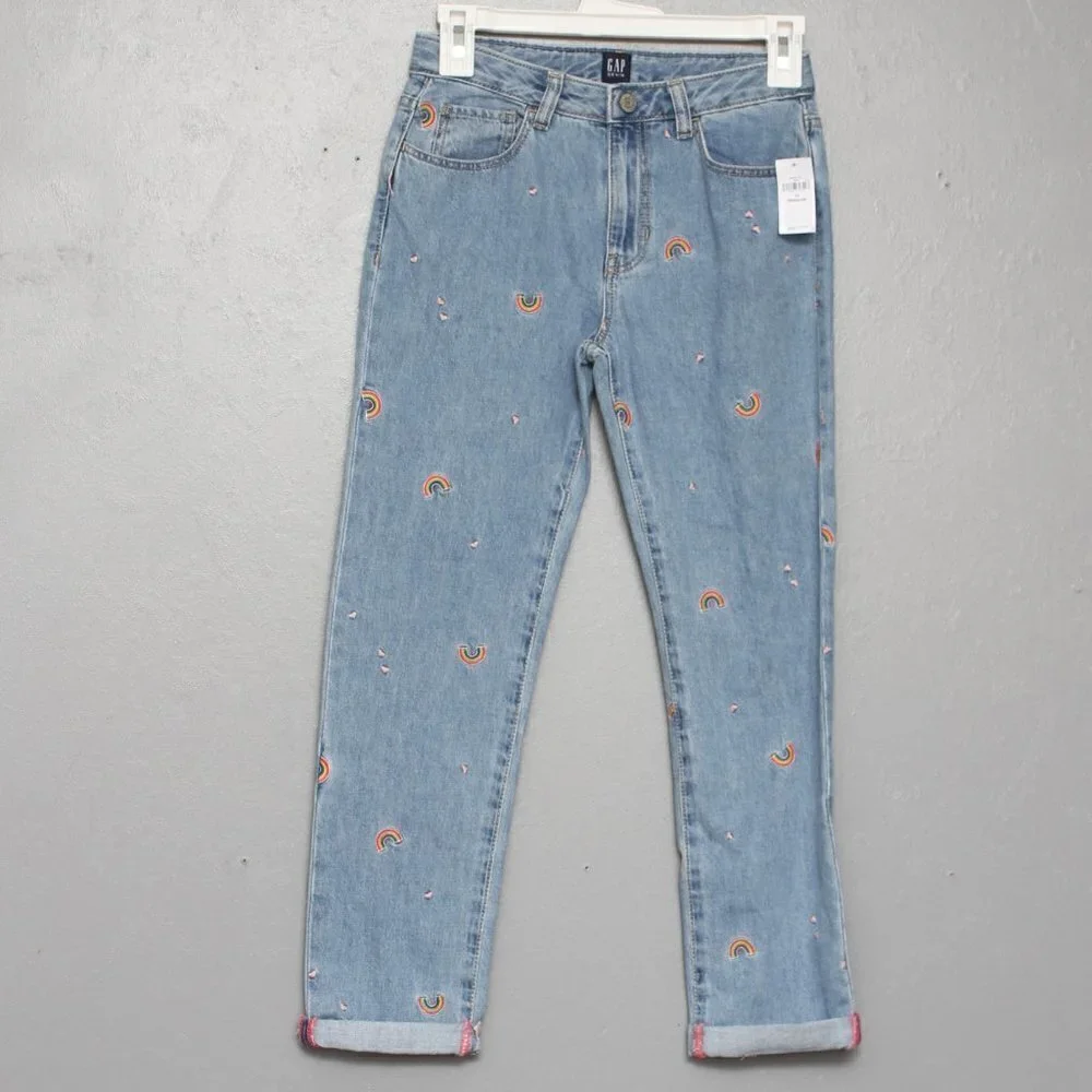 Gap denim NWT rainbow embroidered medium light wash girlfriend jeans